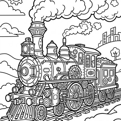 Steampunk tåg puffar fram på skenor