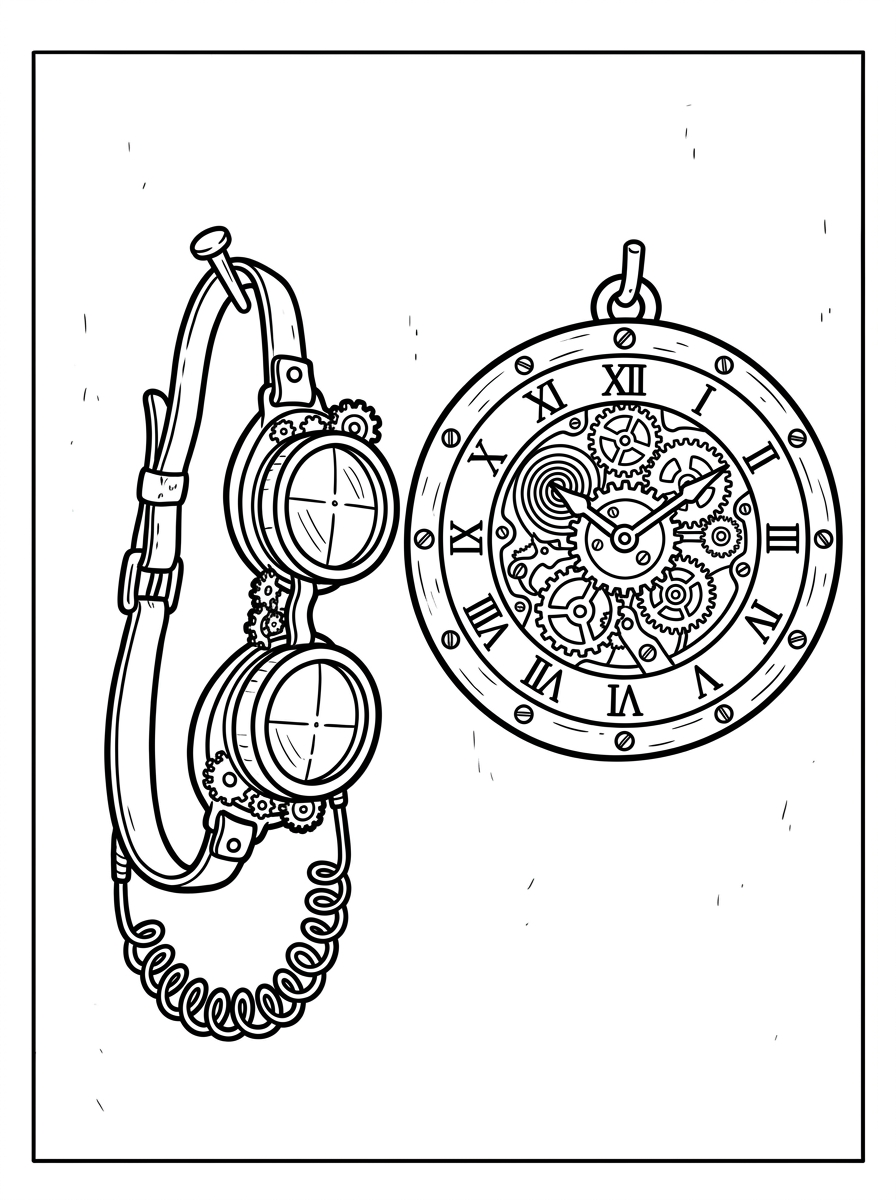 Steampunk glasögon och klockverk hänger på en vägg