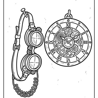 Steampunk glasögon och klockverk hänger på en vägg