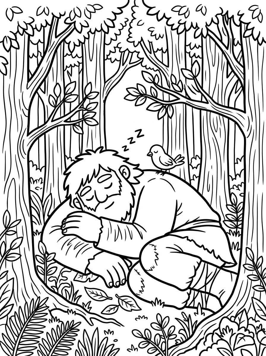 Jätte sover bland träden i skogen