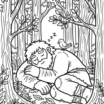 Jätte sover bland träden i skogen