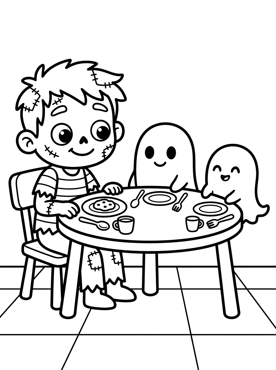 Zombie sitter vid ett bord med spöklika vänner