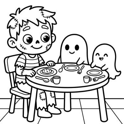 Zombie sitter vid ett bord med spöklika vänner
