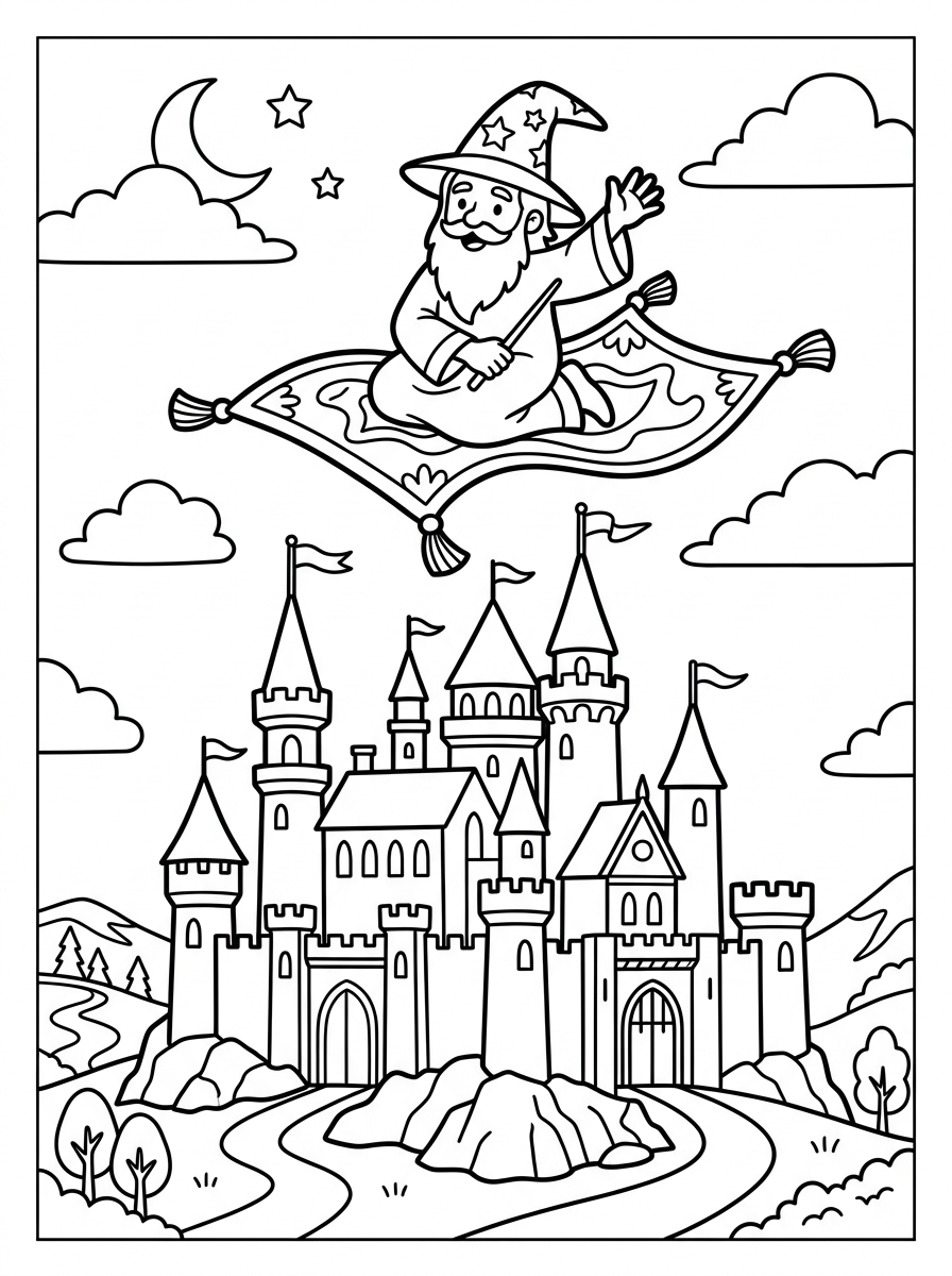 Trollkarl rider på en flygande matta över ett slott