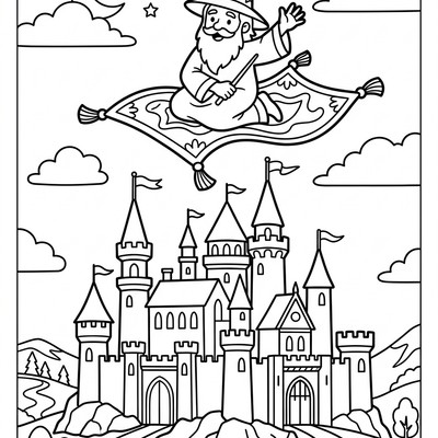 Trollkarl rider på en flygande matta över ett slott