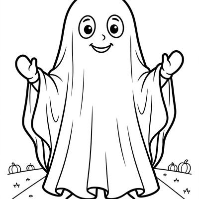 Målarbild: Spöke bär en lakan-dräkt på Halloween