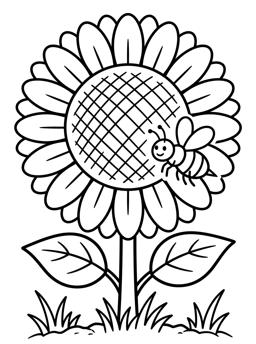 Solros med bi som samlar pollen