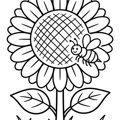 Solros med bi som samlar pollen