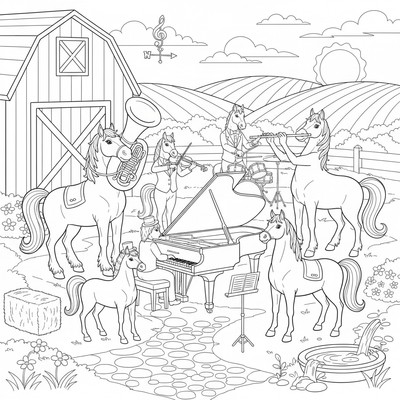 Hästorkester där varje häst spelar ett instrument på gårdsplanen