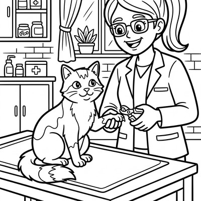 Målarbild: Veterinär klipper klorna på en katt