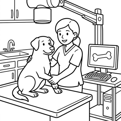Målarbild: Veterinär röntgar en hunds ben