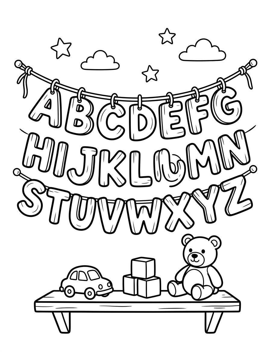 Alfabet dekorerar ett barnrum på väggen