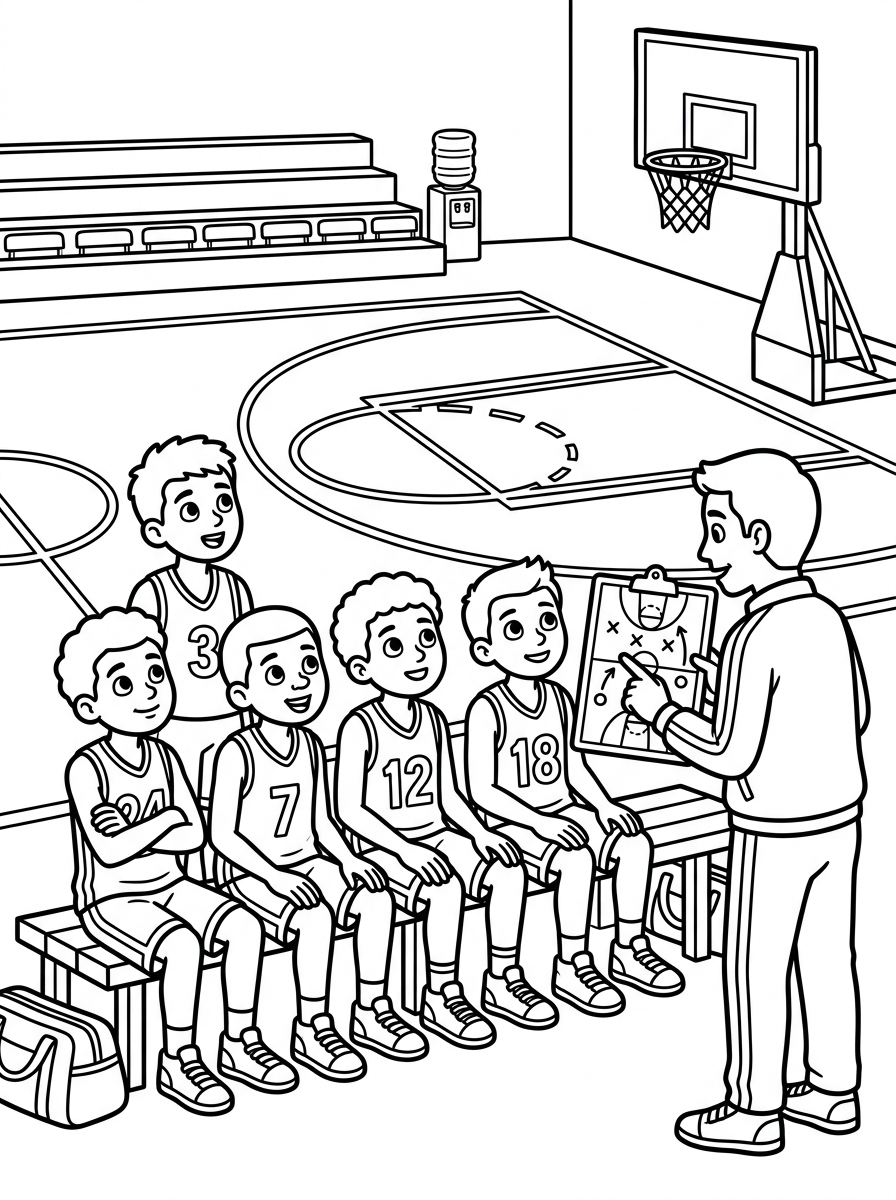 Basketlag sitter på bänken och pratar taktik