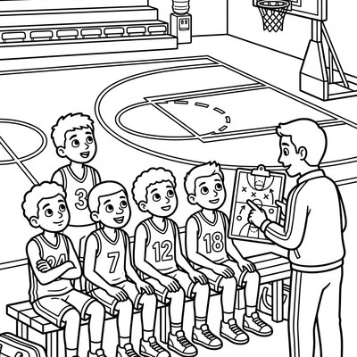 Målarbild: Basketlag sitter på bänken och pratar taktik