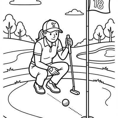 Målarbild: Golfare läser puttlinjen på green