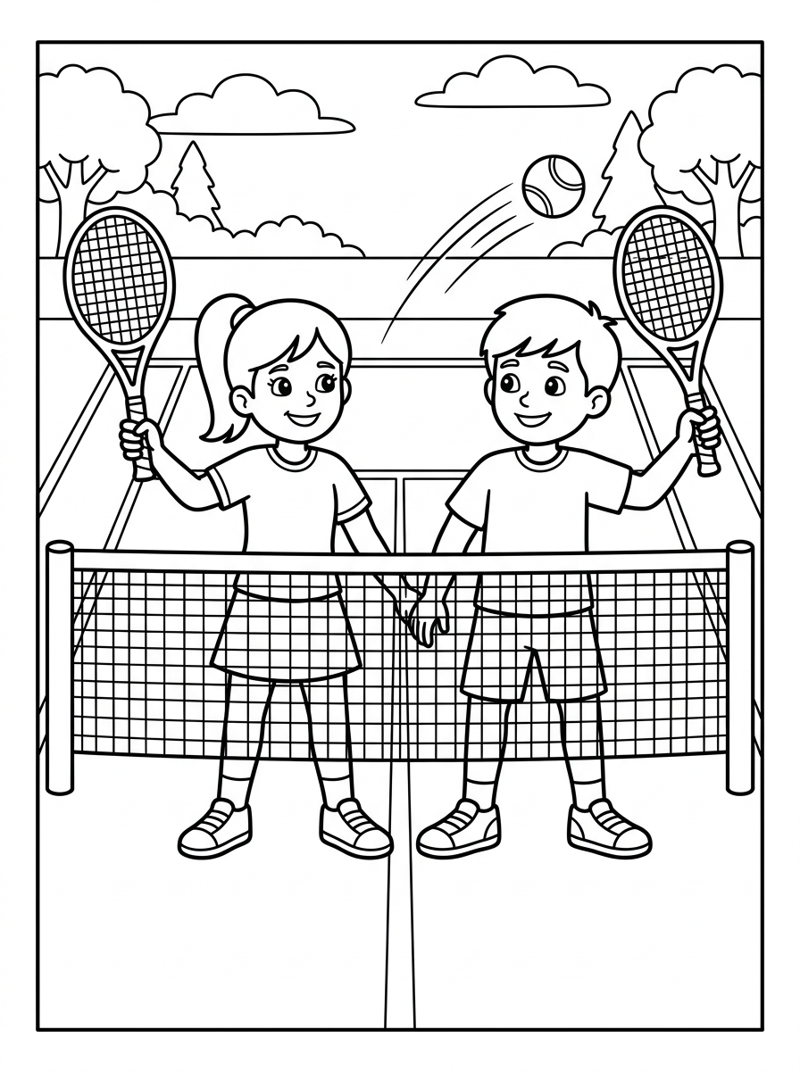 Tennisspelare spelar dubbel vid nätet