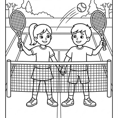 Målarbild: Tennisspelare spelar dubbel vid nätet
