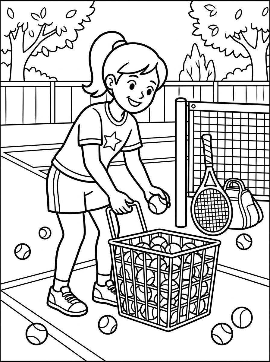 Tennisspelare plockar upp bollar i en korg