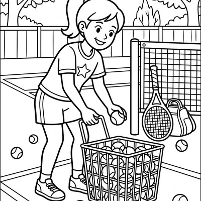 Målarbild: Tennisspelare plockar upp bollar i en korg