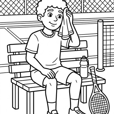 Målarbild: Tennisspelare vilar med handduk mellan set
