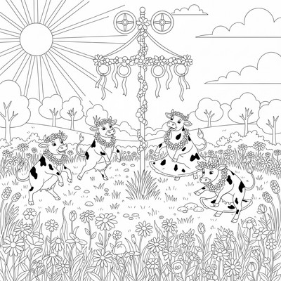 Kor som dansar runt midsommarstång på en sommaräng
