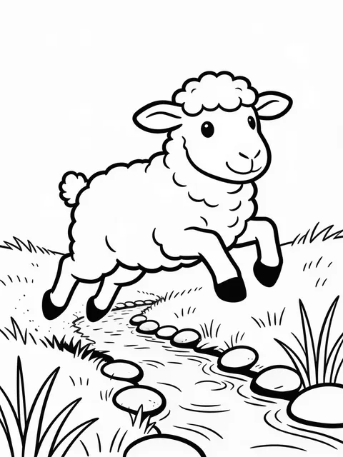 Får hoppar över bäck