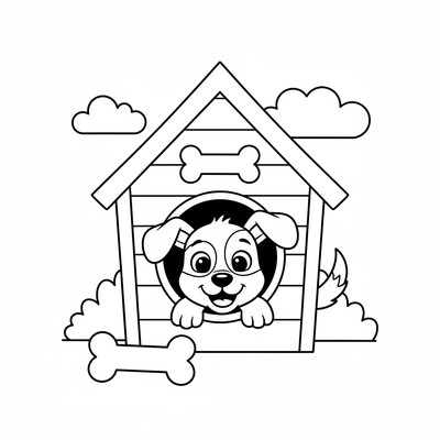 Hund som sticker ut huvudet ur en hundkoja