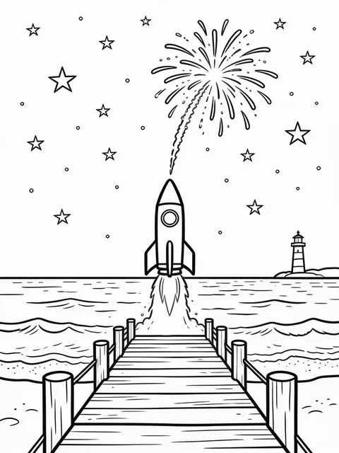 Nyårsraket startar från en brygga vid havet