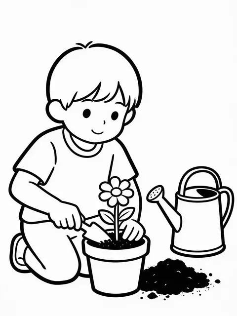 Barn planterar blomma i kruka på mors dag