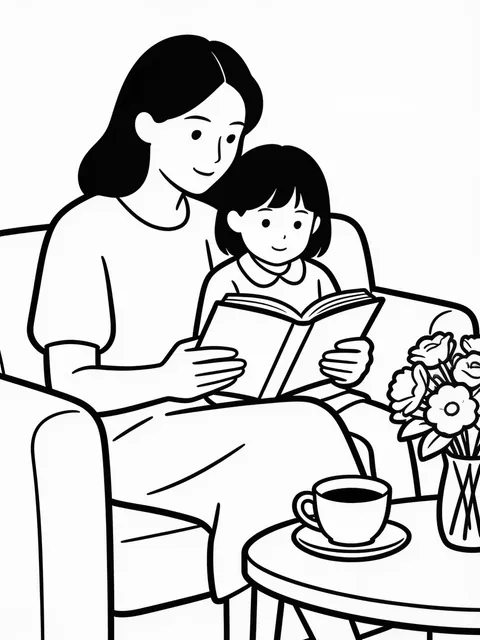 Mamma och barn läser bok i soffan på mors dag