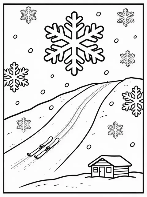 Snöflingor faller över en skidbacke