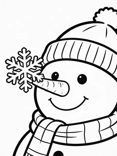 Snöflinga faller på nästippen på en snögubbe