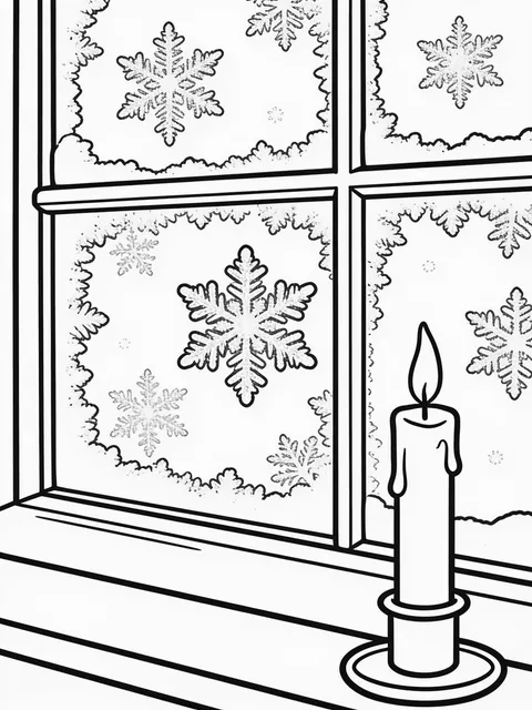 Snöflinga speglas i is på ett fruset fönster