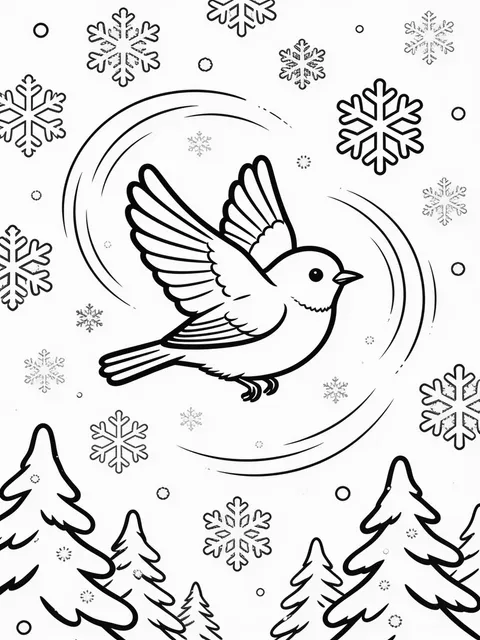 Snöflingor virvlar runt en fågel i flykt