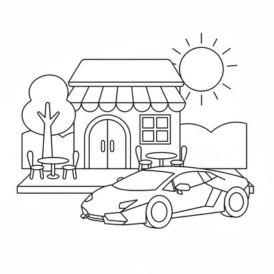 Lamborghini parkerad vid ett café