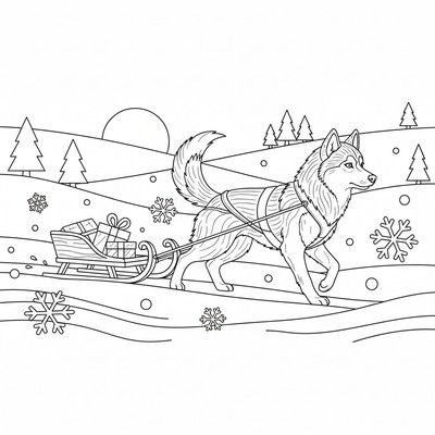 Husky som drar en liten släde i snö