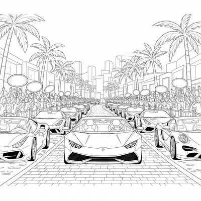 Lamborghini i bilparad med sportbilar och publik längs vägen