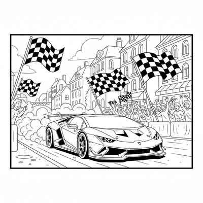 Lamborghini som tävlar på stadslopp med flaggor och åskådare