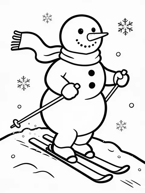 Snögubbe åker skidor i backen
