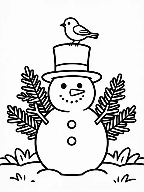 Snögubbe med fågel på hatten