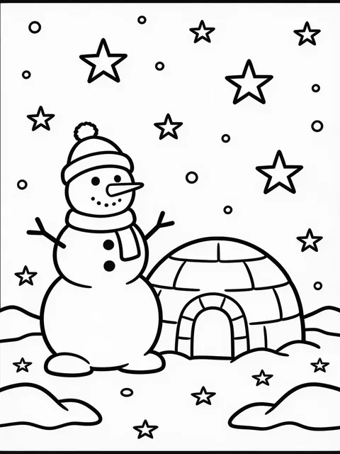 Snögubbe bredvid en iglo på natten