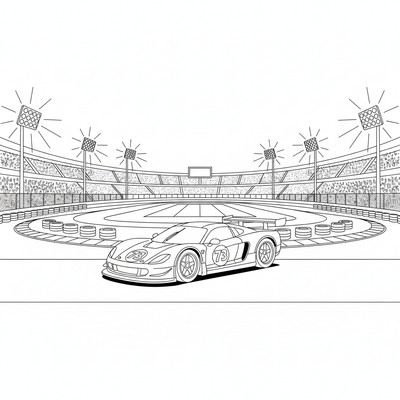 Racerbil på stort stadion med strålkastare