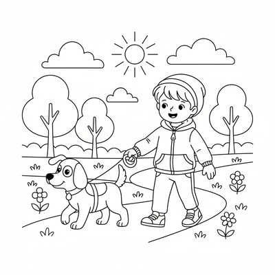 Hund på promenad i koppel bredvid ett barn