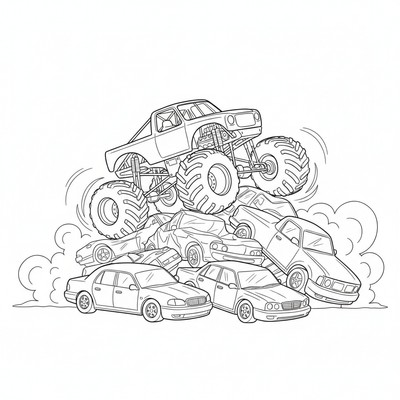 Monstertruck som kör över en bilhög