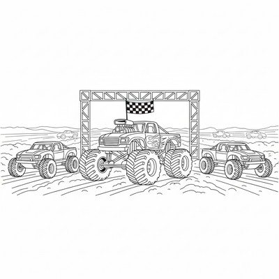 Monstertruck i tävlingsstart med andra bilar