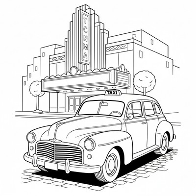 Taxibil framför en biograf