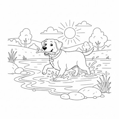 Labrador som hämtar en pinne vid sjökanten