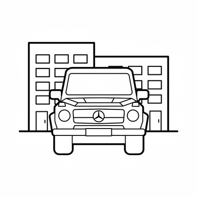 Mercedes framför en kontorsbyggnad