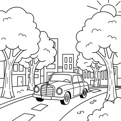 Mercedes vid stadsgata med träd längs vägen