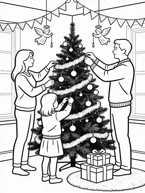 Familj pyntar julgranen med änglar